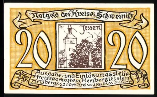 Notgeld Schweinitz 1921, 20 Pf., Kirchturm und Löwe mit Papstkrone