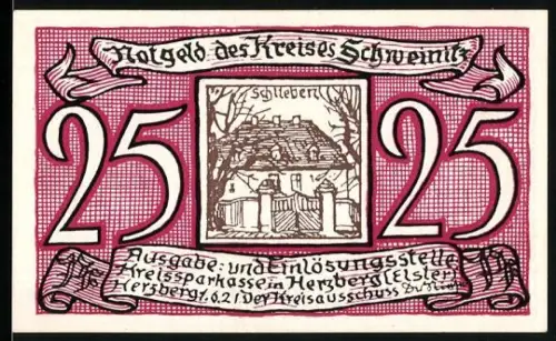Notgeld Schweinitz 1921, 25 Pfennig, Schlieben-Motiv und schreibender Mönch