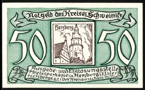 Notgeld Schweinitz, 50 Pf., Kirche und historische Gebäudeansicht