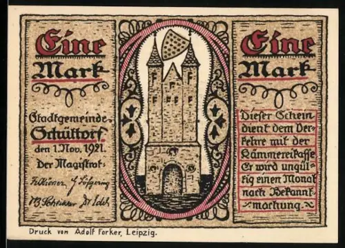 Notgeld Schüttorf 1921, 1 Mark, Stadttor und historische Stadtkarte