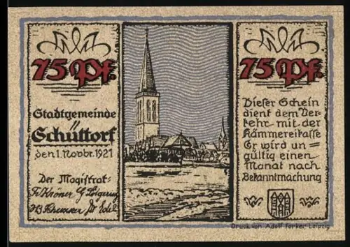 Notgeld Schüttorf 1921, 75 Pf, Ortsansicht mit Kirchturm und Kutsche in historischer Strassenszene