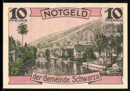 Notgeld Schwarza 1921, 10 Pfennig, Flusslandschaft mit Ortsansicht