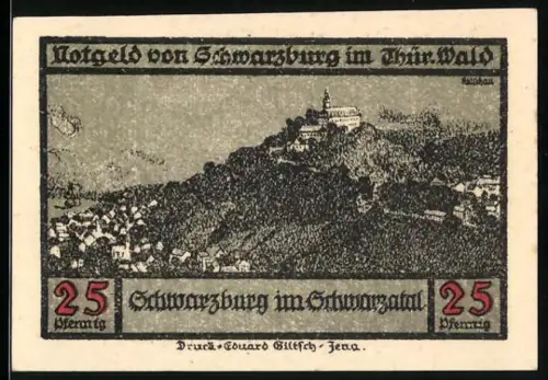 Notgeld Schwarzburg im Thür. Wald 1922, 25 Pfennig, Landschaftsansicht und Adler mit Schwertern
