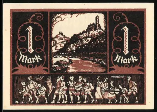 Notgeld Witzenhausen an der Werra 1921, 1 Mark, Burg Ludwigstein und mittelalterliche Szenen