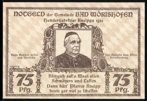 Notgeld Bad Wörishofen 1921, 75 Pfennig, Porträt von Pfarrer Kneipp und Gebäudeansicht