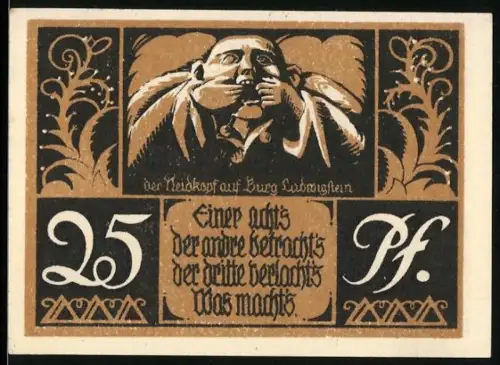Notgeld Ludwigstein 1921, 25 Pfennig, Der Neidkopf auf Burg Ludwigstein