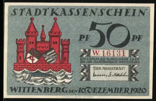 Notgeld Wittenberg 1920, 50 Pf, rotes Stadttor und Martin Luther Porträt mit Spruchband