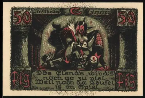 Notgeld Sonneberg i. Thür. 1921, 50 Pfennig, Teufel und Löwenwappen