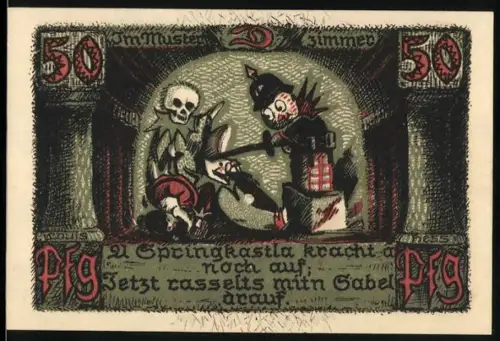 Notgeld Sonneberg i. Thür. 1922, 50 Pfennig, Skelett mit Narr und Löwe im Wappen