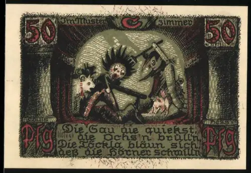 Notgeld Sonneberg /Thür 1921, 50 Pfennig, Theaterbühne mit Figuren und rotem Löwenwappen