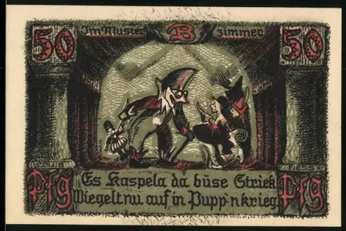 Notgeld Sonneberg /Thür. 1921, 50 Pfennig, Kasperle-Theaterstück und Löwenwappen