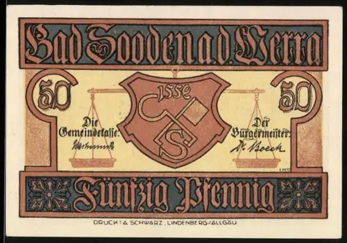Notgeld Bad Sooden a.d. Werra, 50 Pfennig, Wappen und winterliche Ortsansicht
