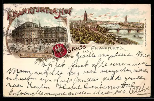 Lithographie Frankfurt a. M., Hotel Frankfurter Hof, O. & F. Hillengass, Blick über die Stadt