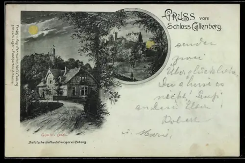 Mondschein-AK Callenberg, Schloss Callenberg mit Strasse u. Umgebung, Turm