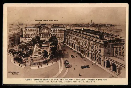 Künstler-AK Torino, Grand Hotel Roma e Rocca Cavour, Stazione Princia & Porta Nuova