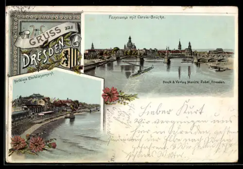 Vorläufer-Lithographie Dresden, 1895, Helbigs Restaurant am Elbeufer, Panorama mit Carola-Brücke