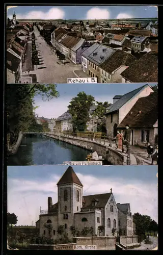 AK Rehau i. B., Partie am Perlenbach, kath. Kirche, Stadtansicht