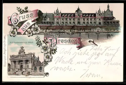 Lithographie Dresden, Uferpartie, Königliche Kunstausstellung, Brühlsche Terrassen