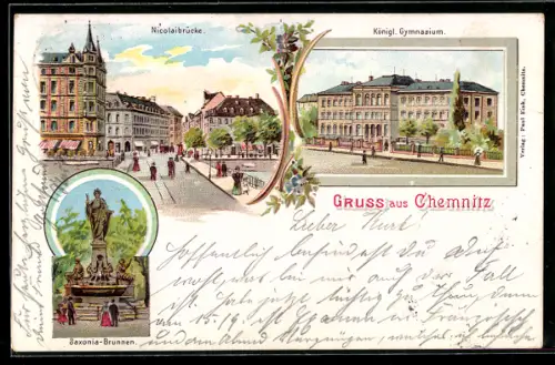 Lithographie Chemnitz, Königliches Gymnasium, Nicolaibrücke, Saxonia-Brunnen