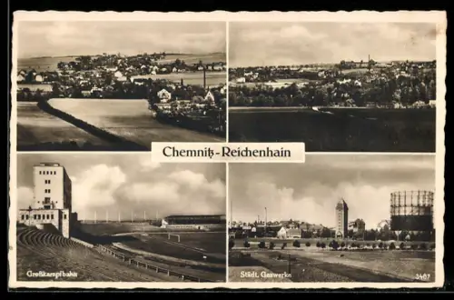 AK Chemnitz-Reichenhain, Städtische Gaswerke, Grosskampfbahn, Teilansicht