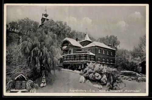 AK Augustusburg, Hotel und Restaurant Waldfrieden im Schnee