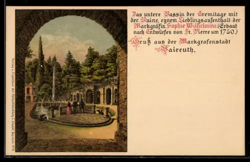 Lithographie Bayreuth, Unteres Bassin der Eremitage mit Ruine
