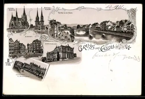 Lithographie Kassel, Lutherkirche, Altmarkt, Gemäldegalerie, Orangerie, Partie an der Fulda