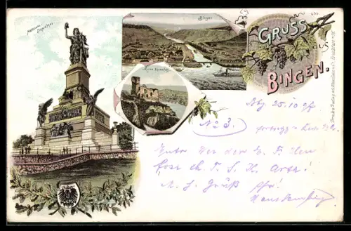 Lithographie Bingen, National-Denkmal auf dem Niederwald, Ruine Ehrenfels, Ortsansicht von Bingen
