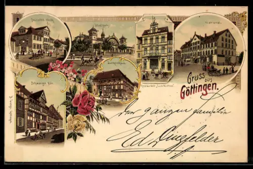 Lithographie Göttingen, Hotel National, Restaurant zum Ritter, Junkernhaus, Stadtpark