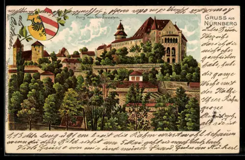 Lithographie Nürnberg, Ansicht der Burg von Nordwesten