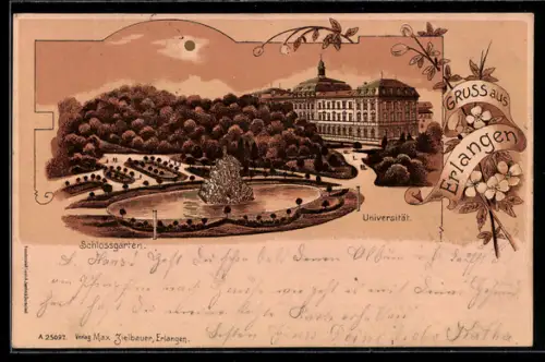 Lithographie Erlangen, Universtität und Schlossgarten