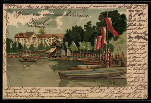 Lithographie Nürnberg, Dutzendteich, der Landungsplatz