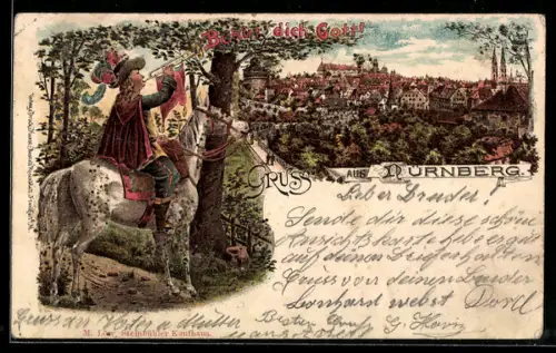 Lithographie Nürnberg, Stadtansicht und Trompeter von Säckingen mit Wahlspruch