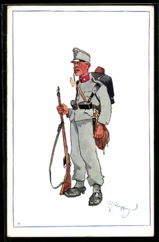 Künstler-AK Fritz Schönpflug: Soldat in Uniform mit Pfeife und Gewehr