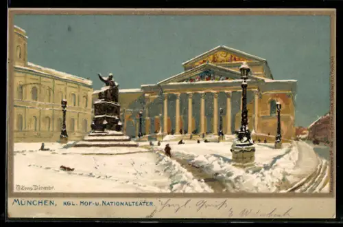 Künstler-AK Zeno Diemer: München, Kgl. Hof & Nationaltheater im Winter