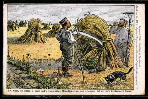 Künstler-AK Heinrich Zille: Vadding in Frankreich, Soldaten mit Harke und Sense auf dem Feld