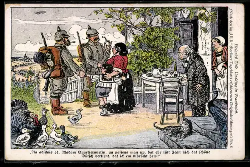 Künstler-AK Heinrich Zille: Vadding in Frankreich, Na adschüss, Madam Quartierwirtin..., Soldatenhumor