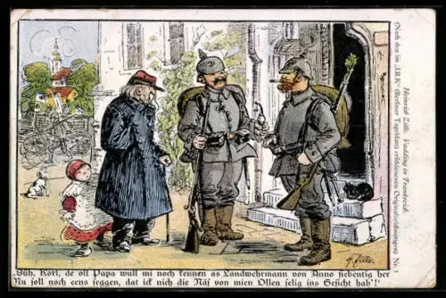 Künstler-AK Heinrich Zille: Soldaten in Uniform und Landwehr-Mann bei einer Unterhaltung