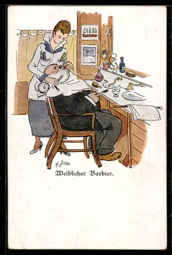 Künstler-AK Heinrich Zille: Mann wird von einer Frau rasiert, Weiblicher Barbier