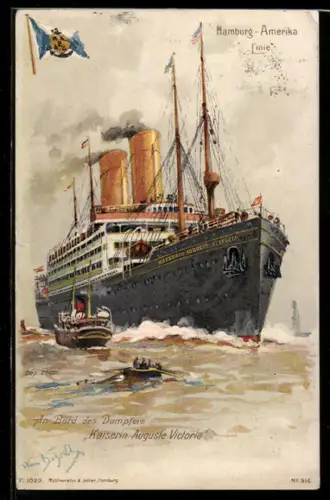 Künstler-Lithographie Hans Bohrdt: Dampfer Kaiserin Auguste Victoria in Fahrt