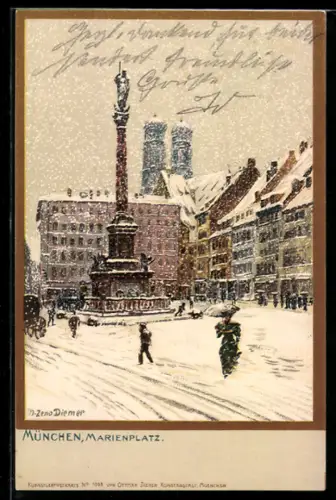 Künstler-AK Zeno Diemer: München, Schneegestöber auf dem Marienplatz