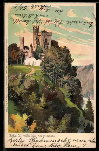 Künstler-Lithographie Zeno Diemer: Burg Schwaneck, Totale