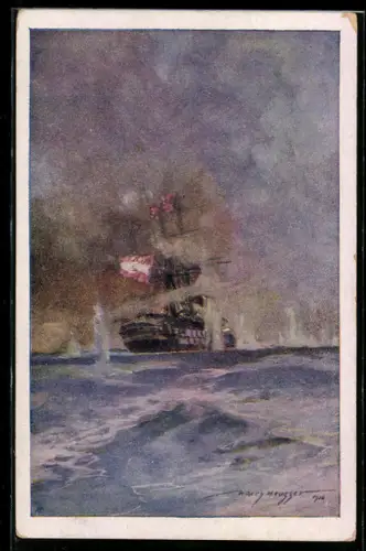 Künstler-AK Harry Heusser: Österreichische Marine, Seeschlacht bei Lissa, Kriegsschiff S. M. S. Kaiser im Gefecht
