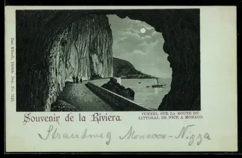 Mondschein-AK Nice, Tunnel sur la route du littoral de Nice a Monaco