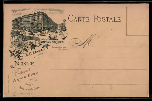 Lithographie Nice, Boulevard Victor Hugo, Gd. Hotel des Îles Britanniques, A. Fl. Zambail