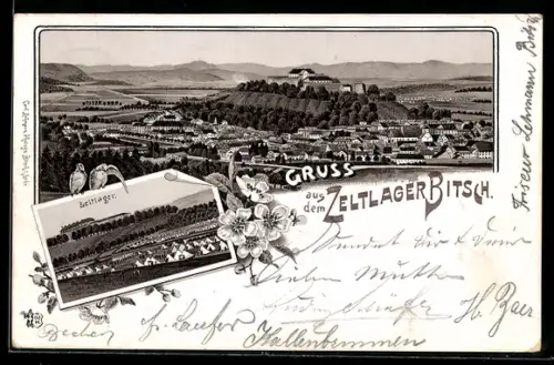 Lithographie Bitsch, Zeltlager und Ortsansicht