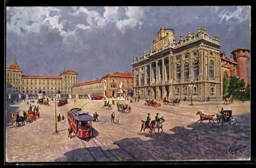AK Torino, Strassenbahnverkehr auf der Piazza Castello col Palazzo Reate