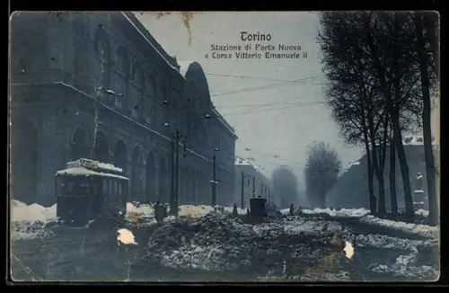 AK Torino, Stazione di Porta Nuova e Corso Vittorio Emanuele II, Strassenbahn