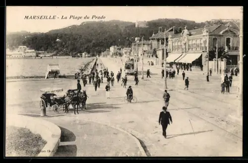 AK Marseille, La Plage du Prado, Strassenbahn