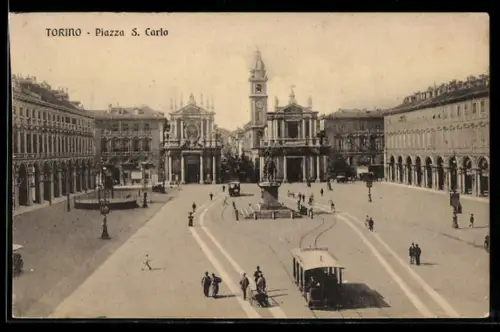 AK Torino, Piazza S. Carlo, Partie mit Strassenbahn